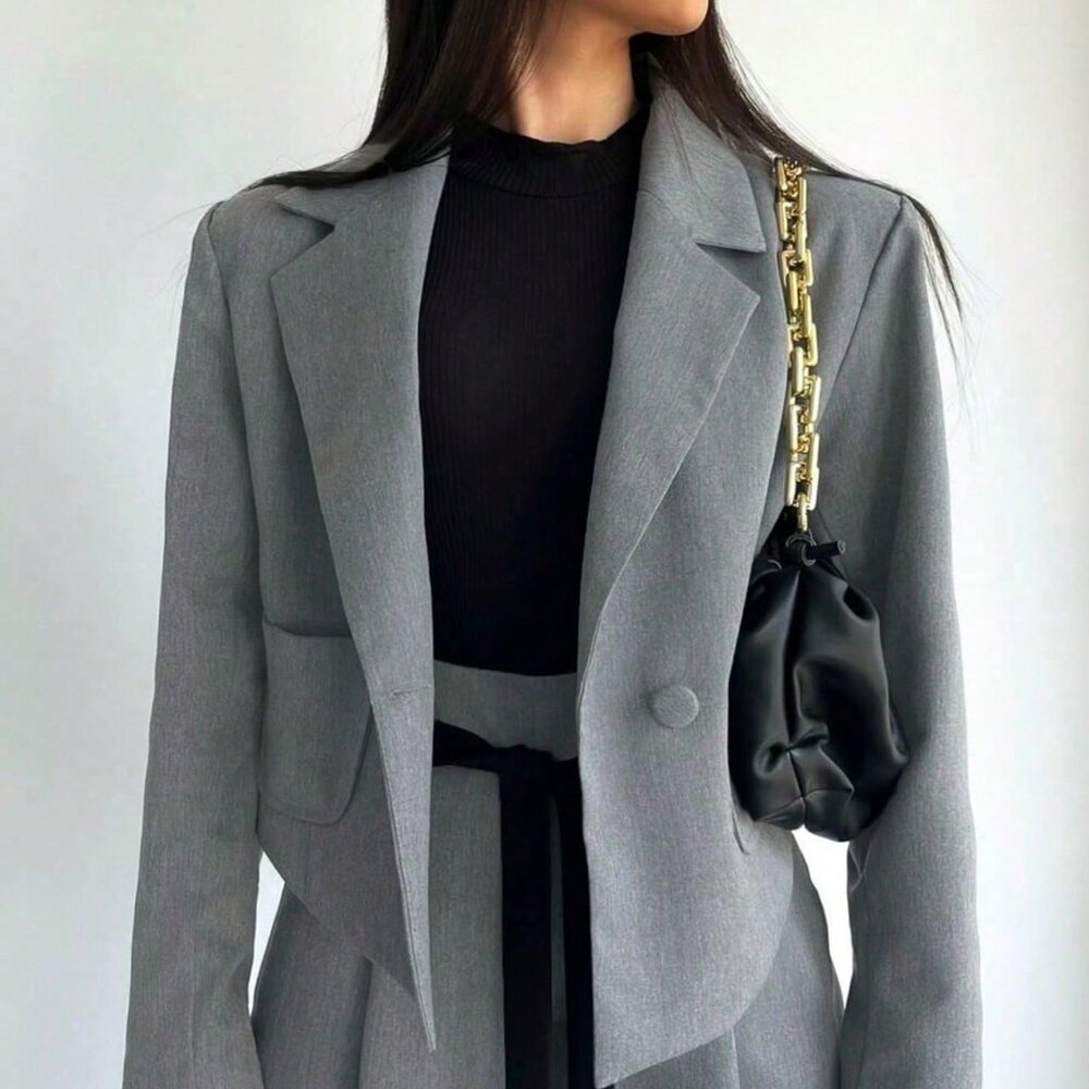 Grey Elegant Women's Blazer Jacket & Wide Leg Pants 2-Piece Set - Picture 3 of 5